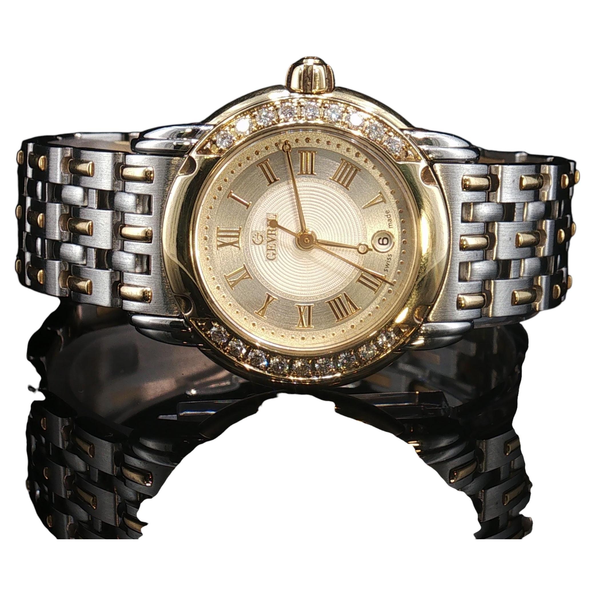 Very Rare Vintage Gevril T0371 18K Gold Diamond Two-Tone Quartz Watch 25mm