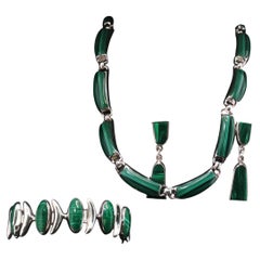 Vintage Taxco Mexico Malachite 950/925 Silver Necklace Bracelet Earring Set 175g