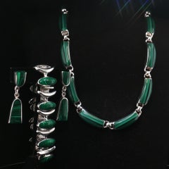 Vintage Taxco Mexico Malachite 950/925 Silver Necklace Bracelet Earring Set 175g