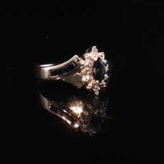 Estate 10K Two-Tone Gold Marquise Sapphire & Diamond Halo Ring Sz 6.25