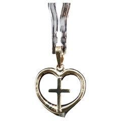 Vintage 10K Yellow & White Gold Open Heart Cross Pendant Charm 17.5mm