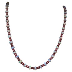 Vintage Graduated natural Opal and Garnet Beaded Necklace Sterling Silver 24 In