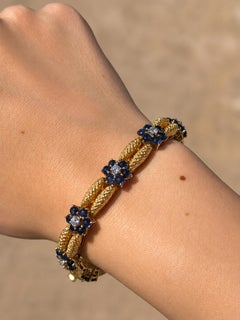Vintage 18K Gold Cabochon Sapphire Diamond Floral Tennis Bracelet 0.90 CTW 6.75"