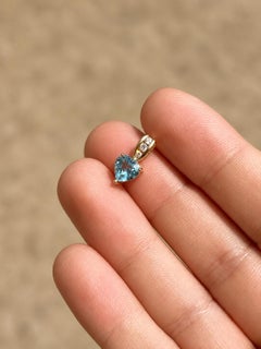 Vintage 14K Yellow Gold Heart Blue Topaz 0.028ct Diamond Bail Pendant Charm 13mm