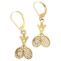 Vintage-Ohrringe aus 14-karätigem Gold mit Diamanten in Tennis-Racket-Form, mit Hebelverschluss, 0,20 CTW