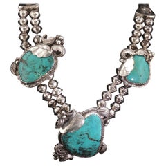 Vintage Large Southwestern Silver Turquoise Station Statement Necklace 22" 116g