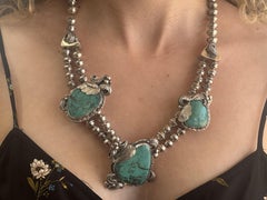 Vintage Large Southwestern Silver Turquoise Station Statement Necklace 22" 116g