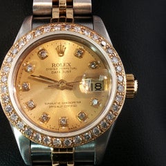 Vintage 1989 Rolex Lady-Datejust 69173 18K Gold Steel Custom Diamond Watch
