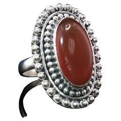 Vintage Sterling Silver Carnelian Statement Ring Beaded Double Halo Size 7.5