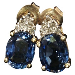 Vintage 14K Yellow Gold 2.42 CTW Oval Tanzanite & Diamond Cluster Stud Earrings