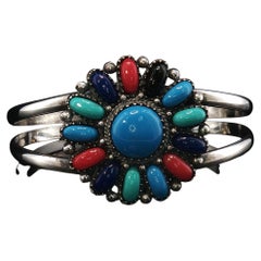 Vintage Silver Multicolor Cabochon Floral Sunburst Open Cuff Bracelet Adjustable