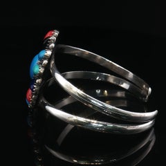 Vintage Silver Multicolor Cabochon Floral Sunburst Open Cuff Bracelet Adjustable