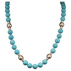 Collana vintage con perline tonde di turchese e oro giallo 14K, 18 pollici