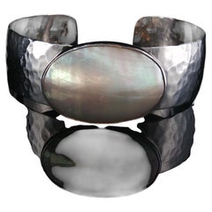Vintage Sterling Silver Mother of Pearl Hammered Cuff Bracelet JM Navajo Signed