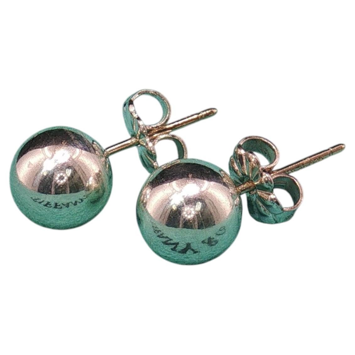 Vintage Tiffany & Co Sterling Silver Ball Stud Earrings 7.5mm Push Back + Pouch For Sale