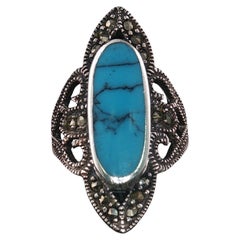 Vintage Sterling Silver Turquoise & Marcasite Openwork Milgrain Ring Sz 7.75