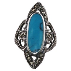 Vintage Sterling Silver Turquoise & Marcasite Openwork Milgrain Ring Sz 7.75