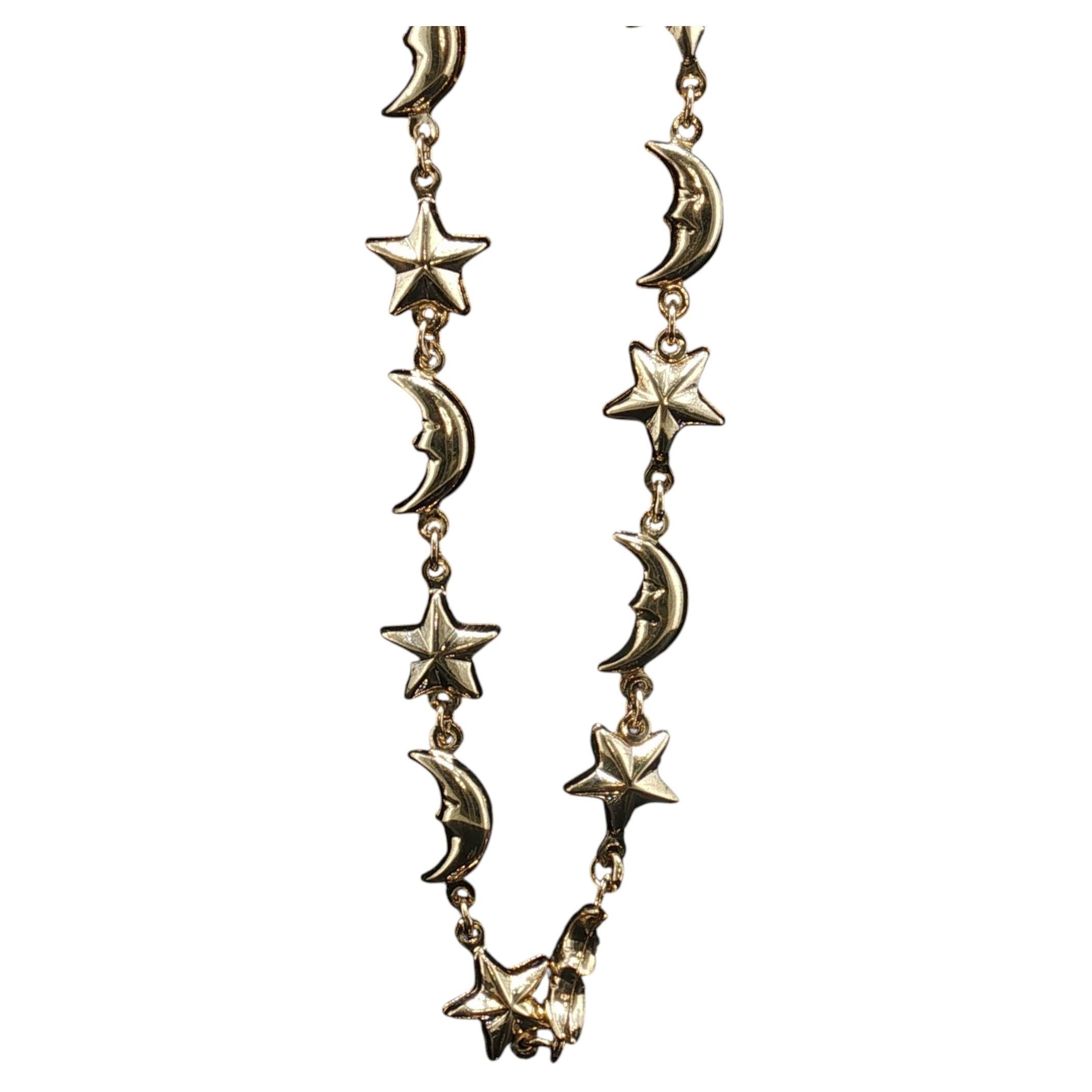 Vintage 14K Yellow Gold Moon & Star Link Bracelet Celestial 7.5'' Mexico MD 39 For Sale