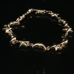 Vintage 14K Yellow Gold Moon & Star Link Bracelet Celestial 7.5'' Mexico MD 39