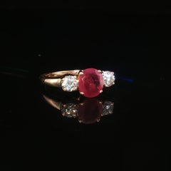 Vintage GIA 14K Yellow Gold 1.12 ct Unheated Burmese Ruby Diamond 3 Stone Sz 5.5