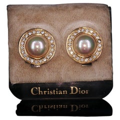 Vintage Christian Dior Gold-Tone Faux Pearl Rhinestone Clip-On Earrings