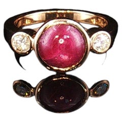 18K Yellow Gold Ruby Cabochon & Diamond Three Stone Estate Ring Size 6
