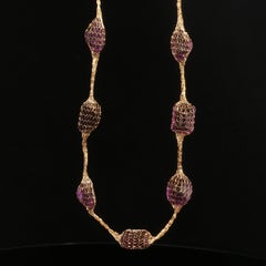 Vintage RCI Italy 14K Yellow Gold Amethyst Mesh Station Necklace 18 Inch