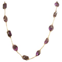 Vintage RCI Italy 14K Yellow Gold Amethyst Mesh Station Necklace 18 Inch