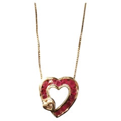 Vintage 14K Yellow Gold .36ct Ruby & Diamond Open Heart Pendant Necklace 15.75''