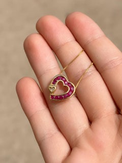 Vintage 14K Yellow Gold .36ct Ruby & Diamond Open Heart Pendant Necklace 15.75''