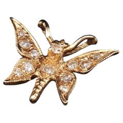 Vintage 14K Gold Diamond Butterfly Slide Pendant Milgrain Charm 0.10 CTW No Bail