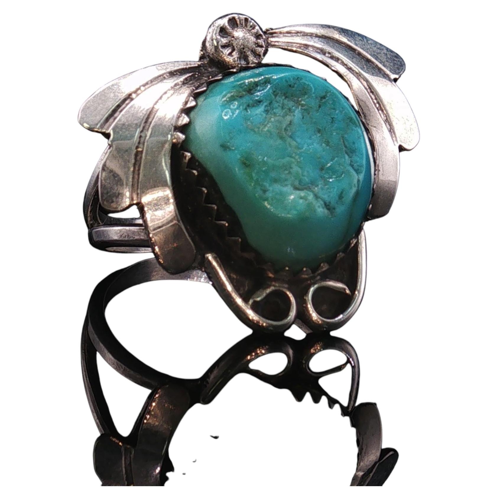 Silver Turquoise Leaf Scroll Statement Ring Size 7 For Sale