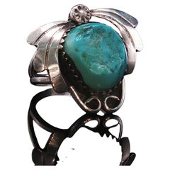 Silver Turquoise Leaf Scroll Statement Ring Size 7