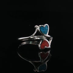 Sterling Silver Turquoise and Coral Chip Inlay Double Heart Bypass Ring Size 8