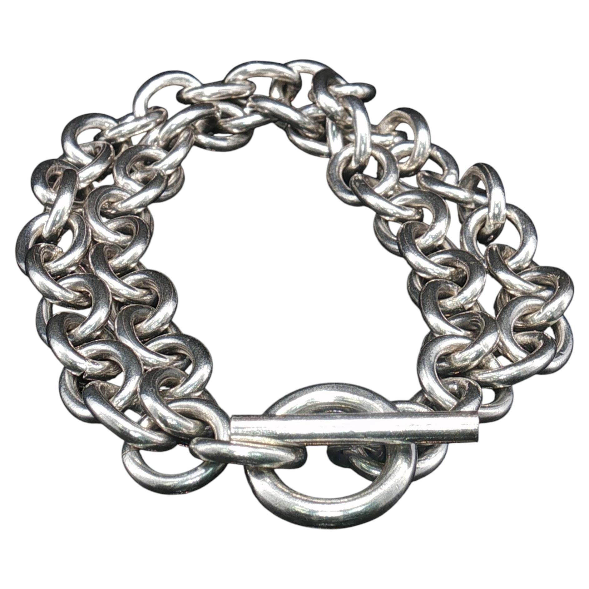 Vintage Mexican Sterling Silver Double Strand Oval Link Toggle Bracelet 8'' 45g For Sale
