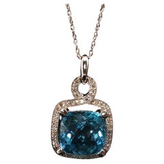Estate Pierre Meunier 14K White Gold 6.5 CT Blue Topaz Diamond Pendant Necklace