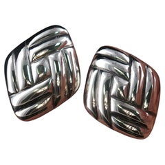 Retired James Avery Sterling Silver Woven Square Sculptural Stud Earrings 29.5mm