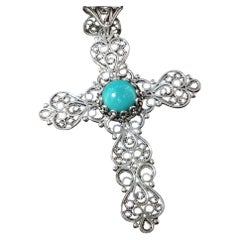 Vintage Sterling Silver Filigree Turquoise Cross Pendant Large Statement 73mm