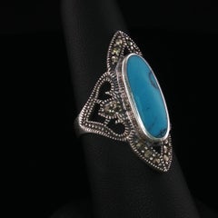 Vintage Sterling Silver Turquoise & Marcasite Openwork Milgrain Ring Sz 7.75