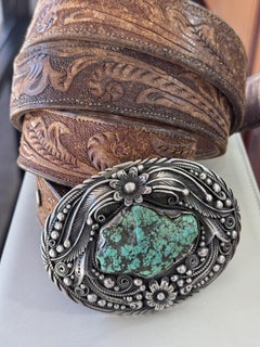Boucle originale en argent 925 et turquoise « Terry Francisco Navajo », fabriquée à la main, 55''