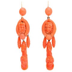 Victorian Carved Classical Neapolitan Coral Earrings 2