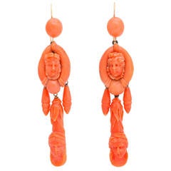 Victorian Carved Classical Neapolitan Coral Earrings