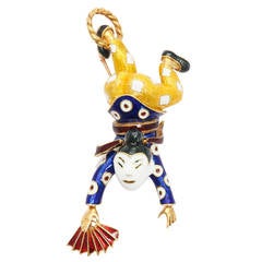 Chinese Acrobat Enameled Gold Brooch