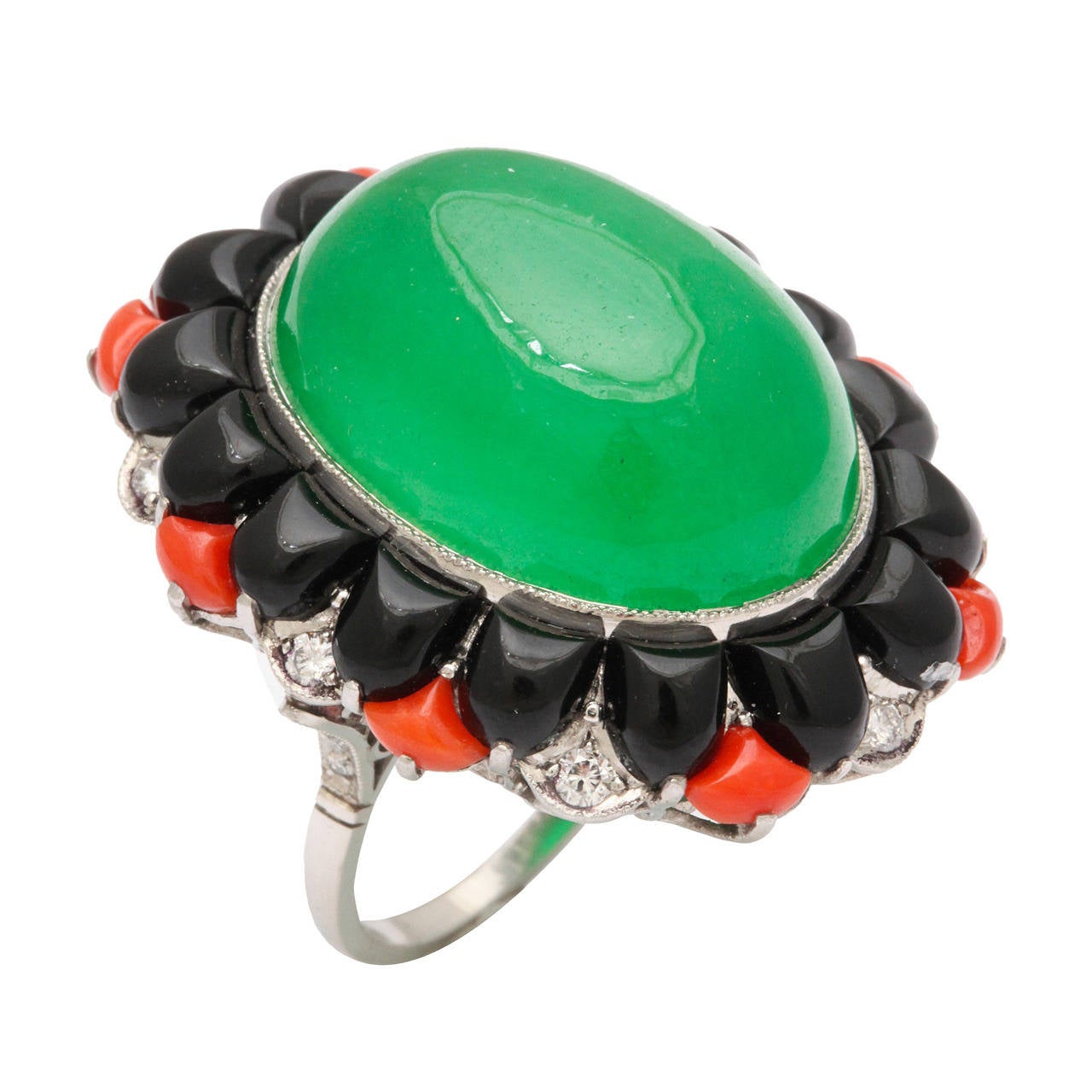 Jadeite Cabochon Coral Onyx Diamond Gold Ring