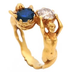 Art Nouveau Sapphire Diamond Gold Figural Ring