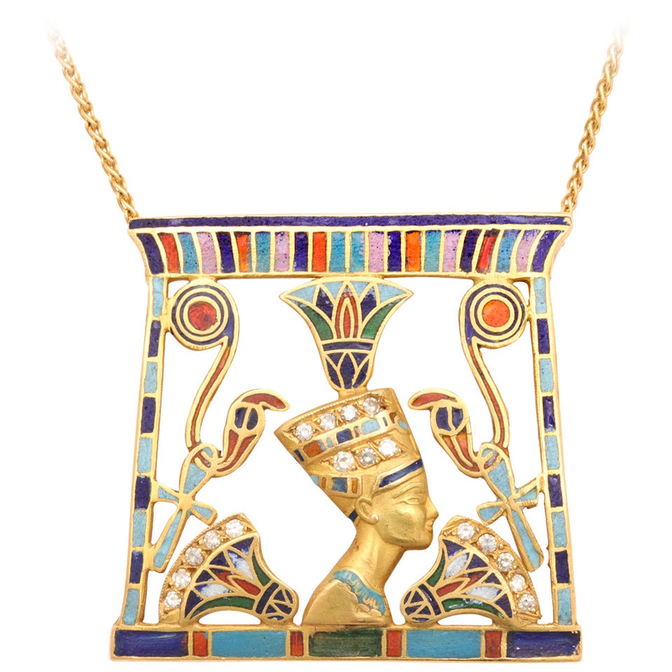 1970s Egyptian Themed Enamel Diamond Gold Pendant
