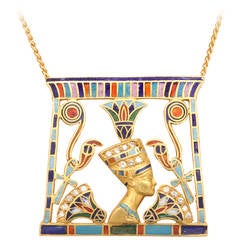 Vintage 1970s Egyptian Themed Enamel Diamond Gold Pendant