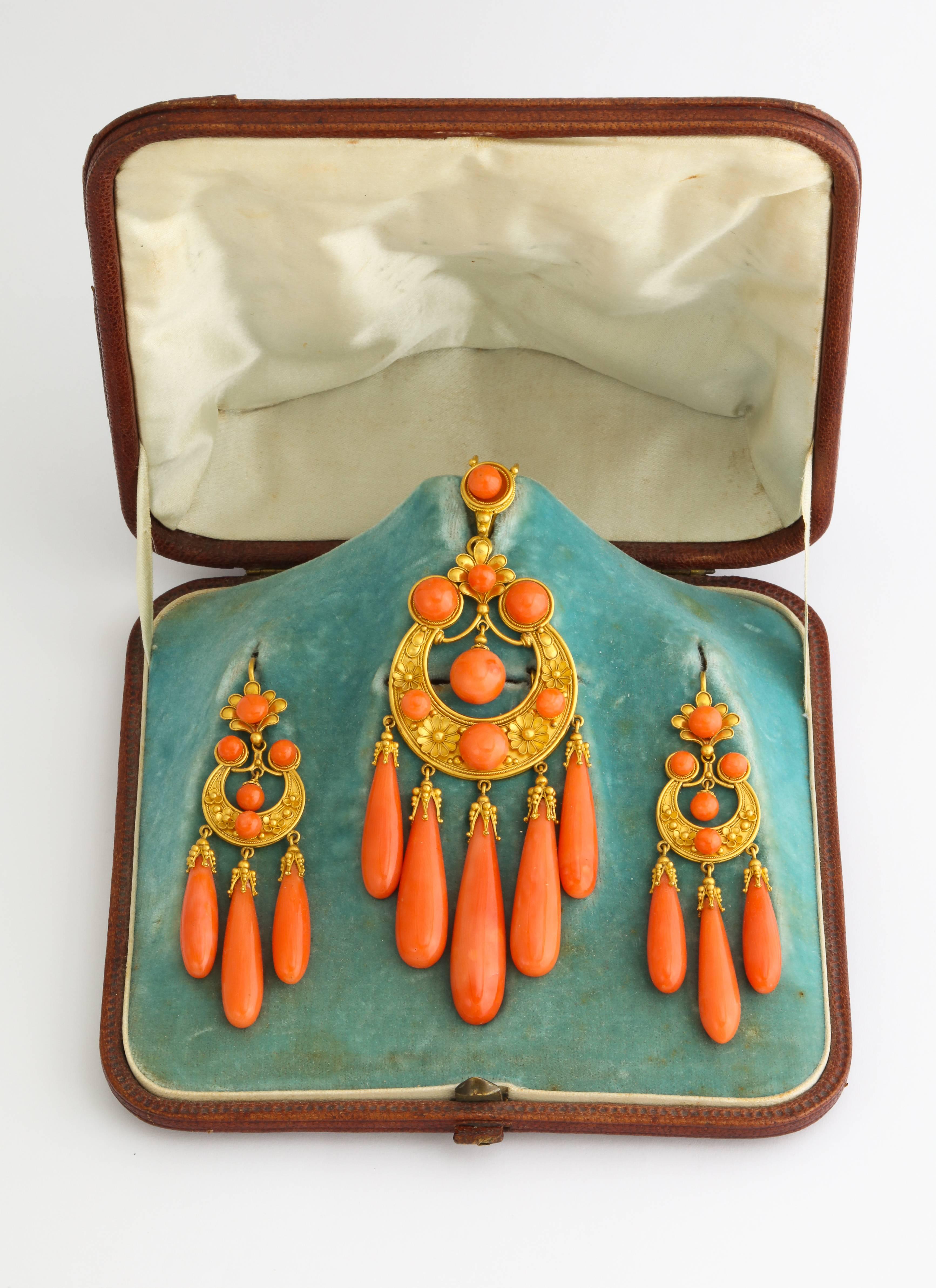 Bead 1850s Carved Coral and Gold Pendant Brooch and Earrings Suite For Sale