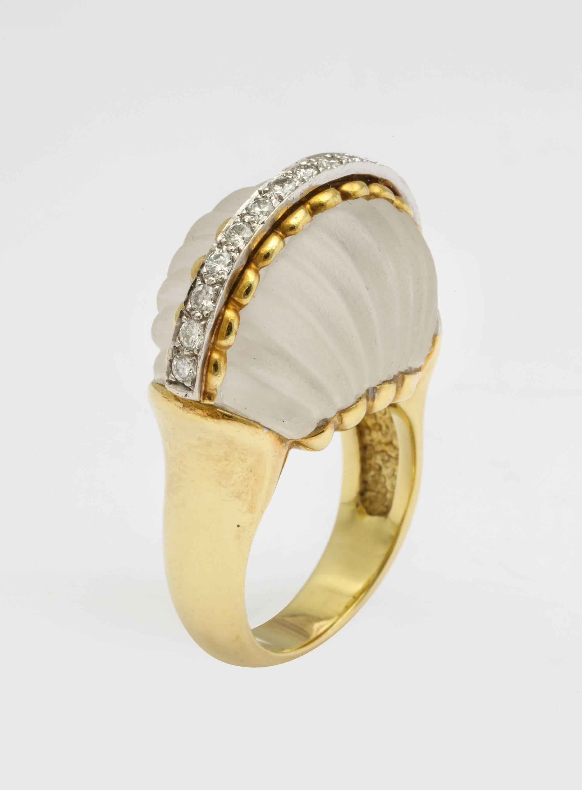 A high domed frosted rock crystal cocktail ring by Le Triomphe of 18K gold with a single band of diamonds spanning the crown. Gold and makers marks. Fits a size 7 1/2 finger.