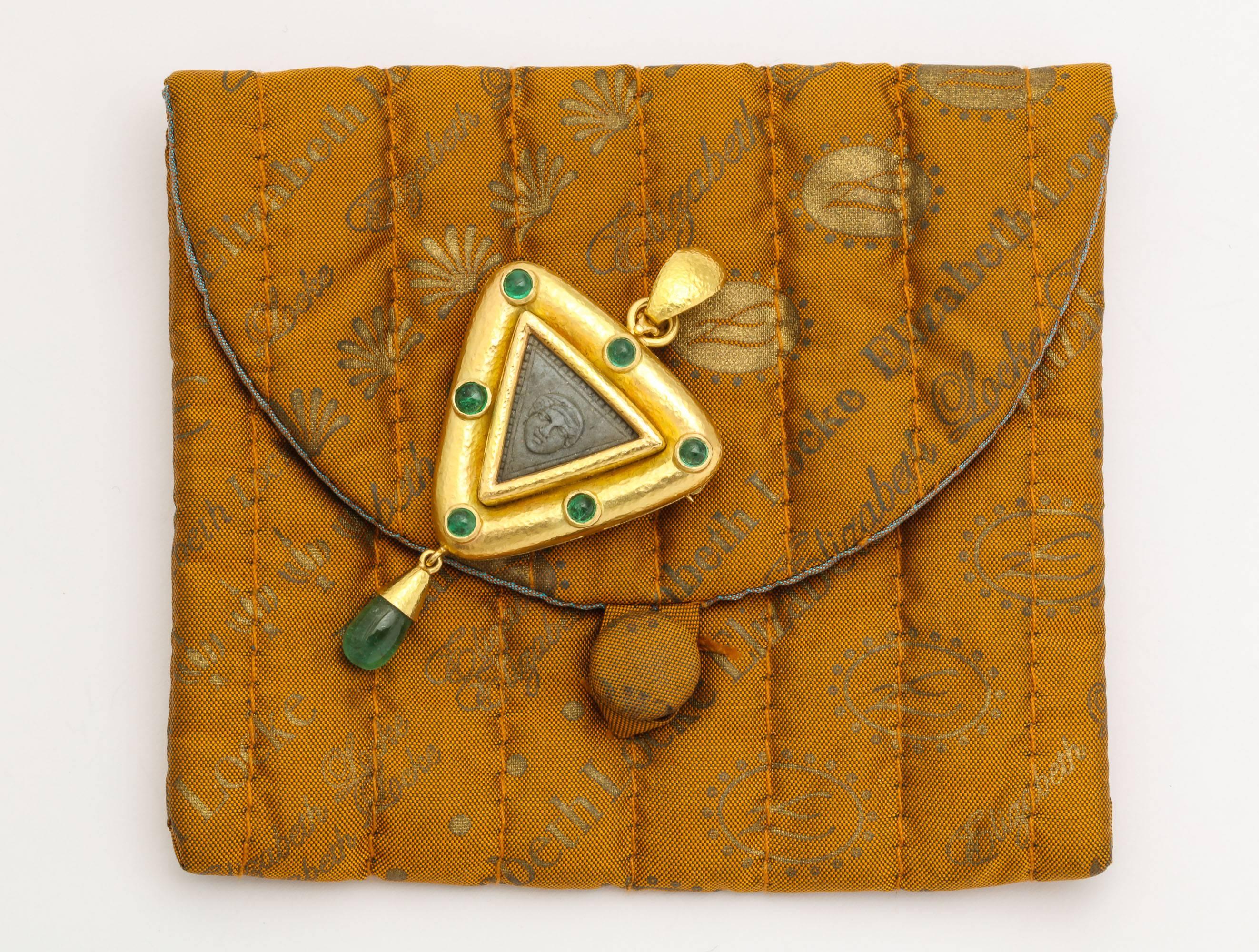 Women's Elizabeth Locke Carved Lava Emerald Gold Pendant Brooch
